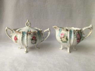 Rs Prussia Creamer And Sugar Pink White Roses With Blue Gold Detail Footed