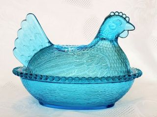 Vtg Indiana Glass Blue/aqua Hen On Nest Covered Chicken Candy Dish