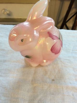 Fenton Art Glass Pink Iridescent Bunny / Rabbit Figurine 95th Anniversary