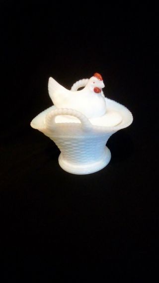 Vintage Westmoreland White Milk Glass Hen On Basket / Nest Hand Painted
