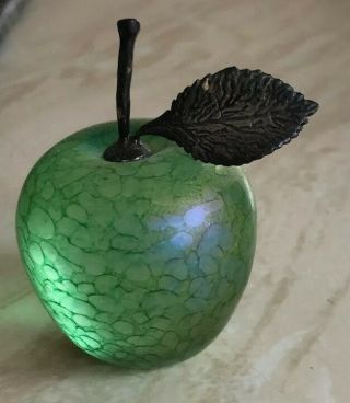 John Ditchfield Paperweight Green Apple With Silver Leaf And Stalk
