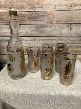 Vtg Libbey Golden Leaves Frosted Tumblers Barware.  Set Of 7 With Decantur