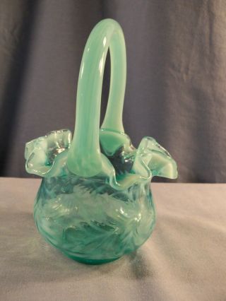 Fenton Teal Blue - Green Opalescent Glass Basket W/ Fern Design