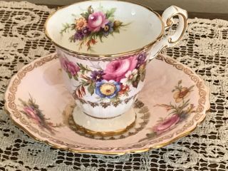 E.  B Foley Cup Saucer Rose Bouquet Pink White England Porcelain Footed Embossed