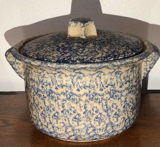 Vintage Stoneware Crock Bean Pot W/ Lid Blue Spongeware Roseville Ohio Rrp Co