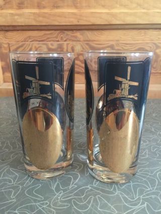Vintage Mid Century Black And Gold City Pattern 10 Ounce Glass Tumbler Set Of 2