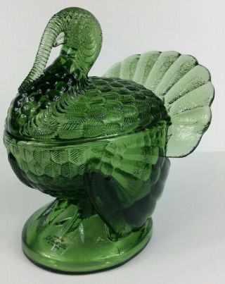 Vintage L.  E.  Smith Green Glass Turkey On Nest Covered Candy Dish Orig Sticker