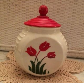 Vintage Anchor Hocking Fire - King Vitrock Red Tulip Grease Jar,  Rare Lid Exc.  Con
