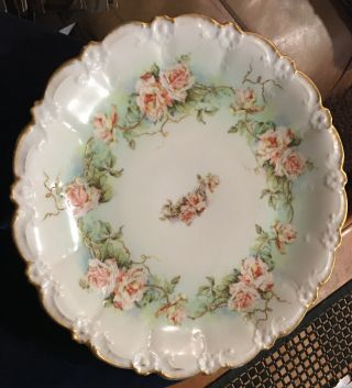 Coronet Limoges (pink & White Roses) 12 1/4” Chop / Charger Hand Painted Platter