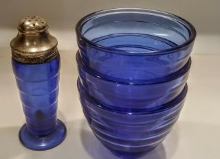 Vintage Hazel Atlas Cobalt Blue Glass Moderntone 3 Custard Cups & 1 Salt Shaker