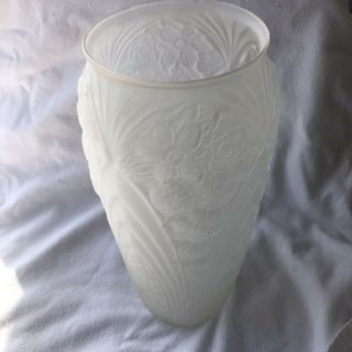 A Vintage Frosted French Art Deco Glass Embossed 12” Decorated Vase