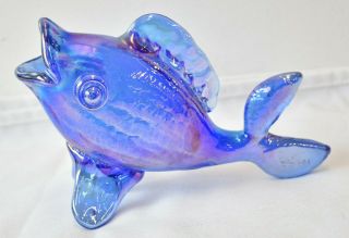Vintage Gibson Art / Carnival Glass Figural Fish Signed Gibson 1984 Blue