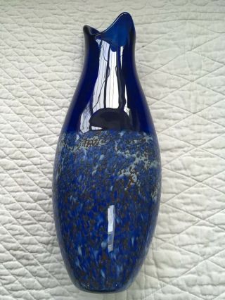 Cobalt Blue/brown Large Heavy Art Glass Vase Signed 12” Tall -