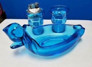 Tiara Glass Indiana Large Blue Duck Ashtray,  Cigarette Holder And Lighter Set