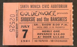 Siouxsie And The Banshees Concert Ticket Santa Monica Civic July 7th 1984