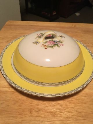 Antique Noritake Round Covered Butter Dish Yellow Cream Background Floral
