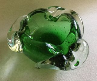 Vintage Murano Art Glass Ashtray - Green & Clear - 6 " Diameter - Exc Cond.