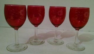 Set Of 4 Red Crystal Wine Water Glasses 6 " Tall Clear Stem Floral Etched Vintage