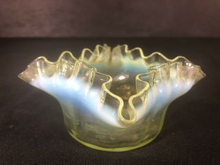 Antique Late 1800s? Vaseline Glass Dish With Crimped Top Opalescent Uranium