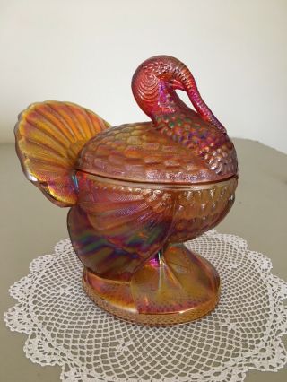 Orange Red Blue Carnival Glass Turkey On A Nest Thanksgiving Heavy