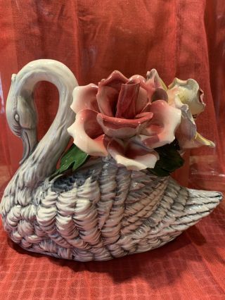 Vtg Capodimonte Italy Porcelain Swan & Flowers Figurine Centerpiece 8 " Tall X 9 " L