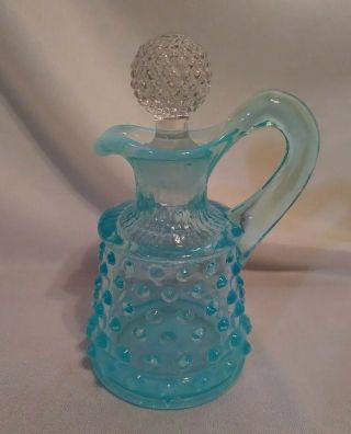 Vintage Fenton Blue Opalescent Art Glass Hobnail Small Cruet With Stopper