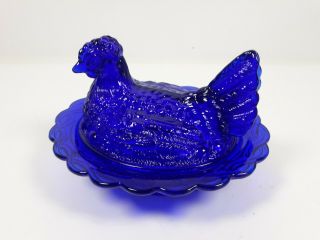 Mosser Glass,  Cobalt Blue Hen On A Nest,  Head Turned,  Split Tail Covered Dish