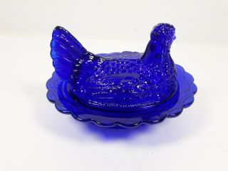 Mosser Glass,  Cobalt Blue Hen On A Nest,  Head Turned,  Split Tail Covered Dish 2
