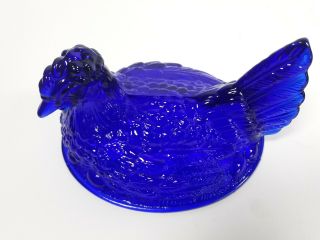 Mosser Glass,  Cobalt Blue Hen On A Nest,  Head Turned,  Split Tail Covered Dish 8