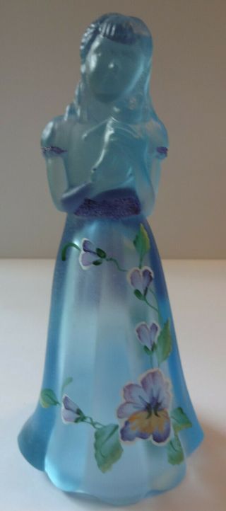 Fenton Blue Satin Girl With Bear & Purple Flowers Hand Painted Collectable
