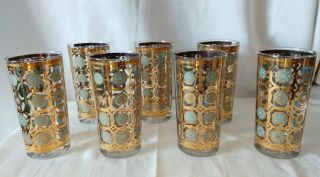 Vtg.  Mid Century Aqua Gold Atomic Medallion Drinking Glasses Tumblers Barware 7