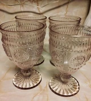 Set Of (4) Vintage Pink Color Wine Glasses Goblets W/ Retro Floral Pattern