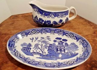 Vntg Blue Willow Woods Ware Wood & Sons,  England Gravy Boat & Oval Underplate J