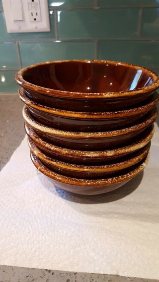 Set Of 6 Vintage Hull Pottery Brown Drip Glaze Soup Bowls