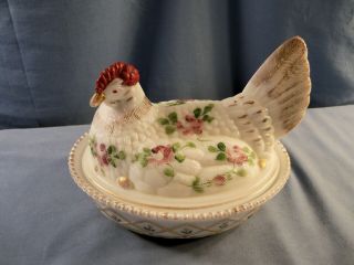Westmoreland Large Hand Painted Milk Glass Hen On The Nest Candy Dish Pink Roses