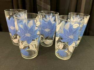 Set Of 5 Vintage Blue / White Floral Glass Tumblers 5 " Tall