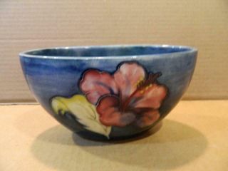 Moorcroft Oval Planter Bowl Blue Ground W/ Peach Color Hibiscus Flower Vintage