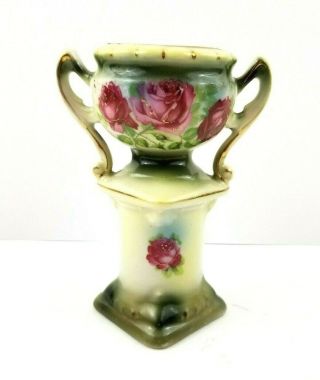 Antique Hand Painted Porcelain Urn Vase On Pedestal Floral Jardiniere Austria