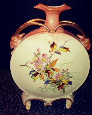 Large Antique Moon Vase Shape Hand - Painted Floral Design Ram Head Handle Gold