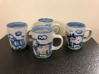 4 M.  A.  Hadley Stoneware Pottery Coffee Cup Mugs Country Farm Animals The End