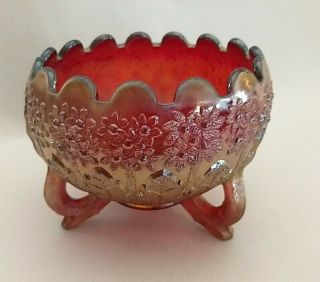 Vintage Fenton Carnival Glass Rose Bowl Vase 3 - Footed Iridescent Amberina Floral
