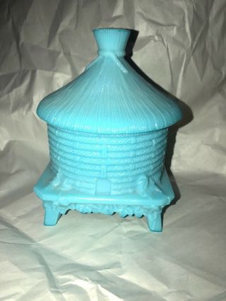 Vintage Vallerysthal Blue Milk Glass Covered Beehive Honey Pot Dish Slag