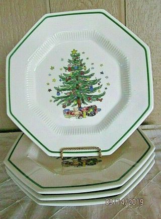Nikko Christmastime Octagon Christmas Tree Dinner Plates Set Of 4 Euc 10 3/4 "
