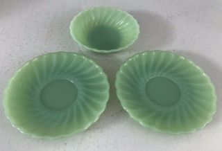3 Vintage Anchor Hocking Fire King Jadeite Swirl - 2 Saucers And Berry Bowl