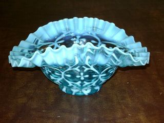 Vintage Fenton Aqua Blue Opalescent Daisy & Fern Ruffled Glass Bowl Candy Dish