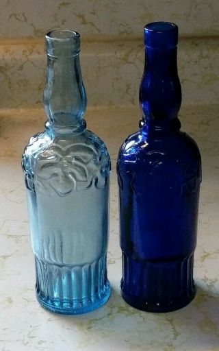 Vintage Cobalt Blue Glass Tall Wine Decor Bottle - 11 " Set Of Two Light And Dark
