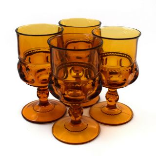 Vtg.  Indiana Amber Glass Kings Crown Thumbprint Wine Water 8 Oz.  Goblets 4 - Set