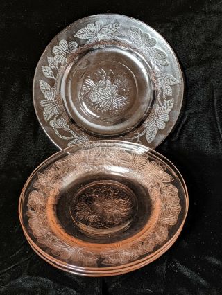 Set Of Four Depression Glass Vintage Pink " Dogwood " 6 Inch Dessert/salad Plates