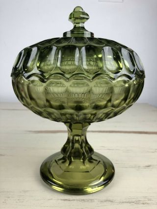 Green Indiana Glass Large Compote Bowl Dish With Lid Vintage Estate Find