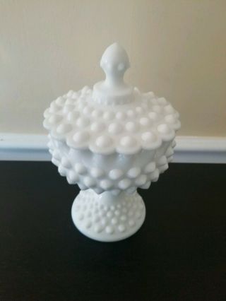 Milk Glass Hobnail Pedestal Candy Dish With Lid